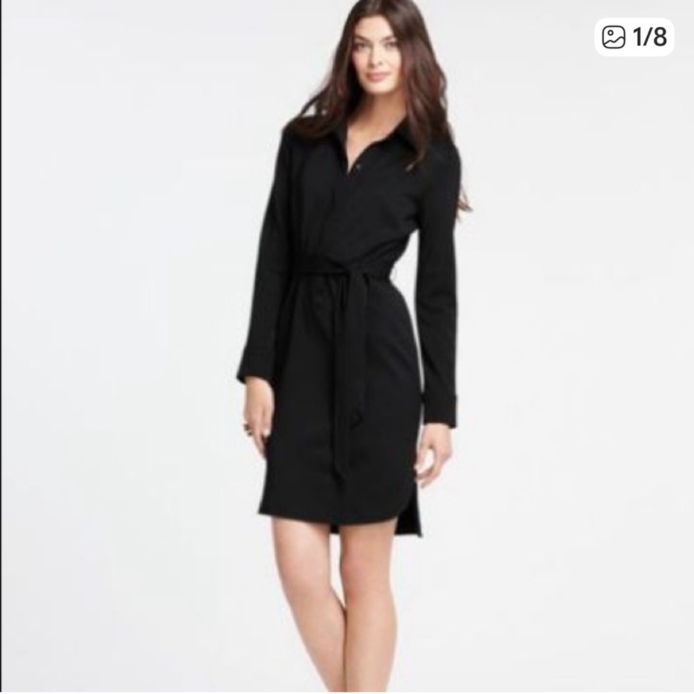 Ann Taylor Stretch Jersey Black Button Up Belted Midi Shirt Dress, Medium
